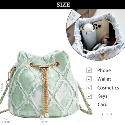 Image of Denim Bucket Bag Quilted Drawstring Jean Purses for Women Denim Clutch Hobo Bags Crossbody Handbag