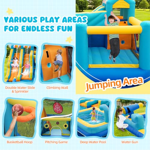 SportBob Hüpfburg mit Wasserrutsche, 10 in 1 Aufblasbare Hüpfburg XXL mit Gebläse, Kletterwand, Springen, Wasserpistole, Splash Pool Basketballkorb für Kinder Outdoor Indoor, 465x380x230 cm