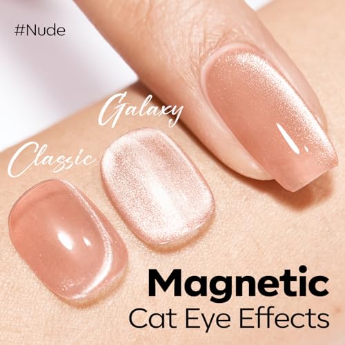 Image of modelones Nude Cat Eye Gel Nail Polish Nude Gel Polish Jelly Glass with Magnet Holographic Glitter Shimmer Translucent Sheer Color Magnetic Nail Polish 15 ML