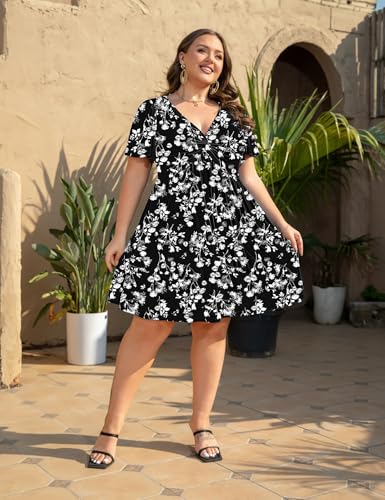 Image of Manllenshie Womens Plus Size Summer Dress Casual Short Sleeves Deep V Neck Twist Knot Front Flowy Dress with Pockets