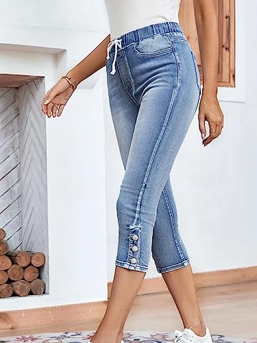 Conshvi Women's High Waisted Capris Jeans Trendy Skinny Stretch Capri Jeans Elastic Waist Drawstring Denim Capris Pants2