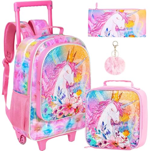 CCJPX 3PCS Kids Rolling Backpack for Girls, Unicorn Sequin Roller Wheeled Bookbag Toddler Elementary School Bag with Wheels