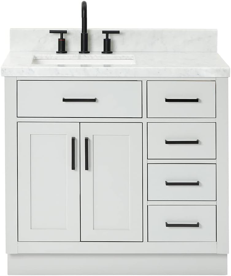 ARIEL Hepburn 36-inch Bathroom Vanity with Sink,Solid Wood, 1.5-inch Italian Carrara Marble Countertop, Single Rectangular Porcelain Sink, 2 Soft Closing Doors, 5 Dovetail Drawers, Grey