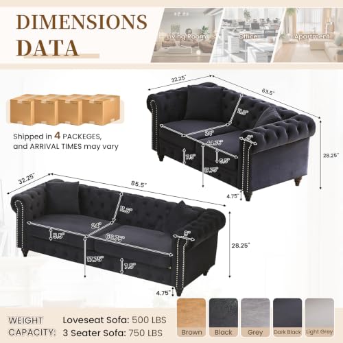 Image of 2 Piece Living Room Sofa Set,Velvet Button Tufted Couch and Loveseat Set with Nailhead Trim&Roll Armrests,Mid Century Modern Chesterfield Sofa for Living Room,Office(Loveseat+3 Seater, Dark Black)