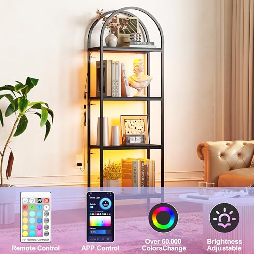 Image of Yusong LED Bookshelf 4 Tier Arched Bookcase, 71.3 inch Tall Industrial Open Book Shelves for Living Room, Modern Freestanding Display Storage Rack with Metal Frame, Office, Bedroom, Black