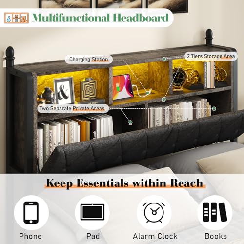 Queen-Bed-Frame-with-2-Tier-Storage-Headboard-Metal-LED-Platform-Bed-with-4-Storage-Drawers-Tufted-Linen-Upholstered-Hidden-Areas-and-Charging-Station-No-Box-Spring-NeededRustic-Grey Queen Bed Frame with 2 Tier Storage Headboard Metal LED Platform Bed with 4 Storage Drawers Tufted Linen Upholstered Hidden Areas and Charging Station No Box Spring NeededRustic Grey