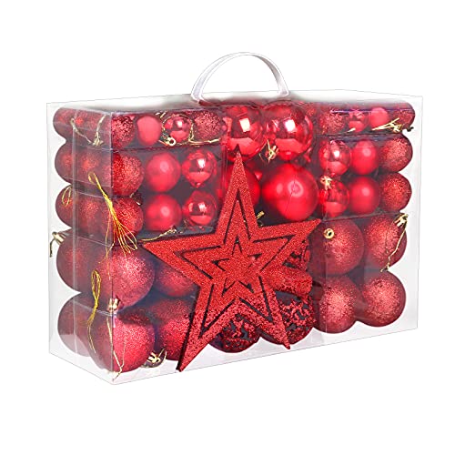 Naler 101ct Assorted Christmas Balls Shatterproof Christmas Ornaments Set Decorative Baubles Pendants with Reusable Hand-held Gift Package for Holiday Xmas Garden Decorations, Red