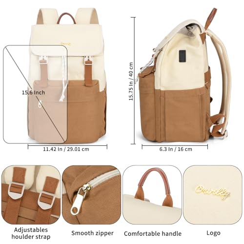 Orvilly Vintage Canvas Laptop Backpack for Women,15.6" Laptop College Rucksack with USB/Type-C Charging Port,Fashion Lightweight Bookbag Hiking Casual Daypack Backpacks for Travel Work（Brown & Beige）4