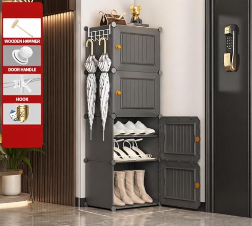 Image of Plastic Shoe Rack for Home with Door | 8-Shelf DIY Shoe Cabinet Organiser | Stores 16 Pairs | Foldable & Waterproof Shoe Stand for Entryway, Bedroom (Grey-HY1, 8-Layer)