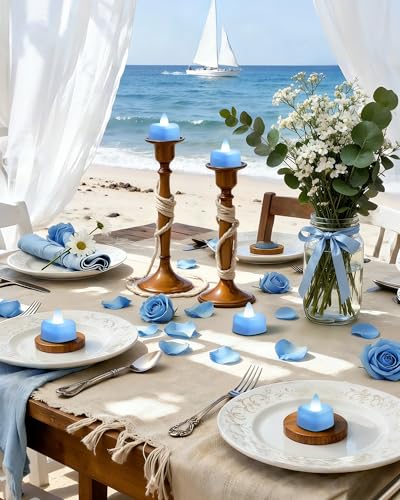 Image of Amagic 2000 Pieces Light Blue Artificial Rose Petals with 24 Light Blue LED Tea Lights, Rose Petals and Candles Set for Proposal, Anniversary, Romantic Night, Wedding Decor