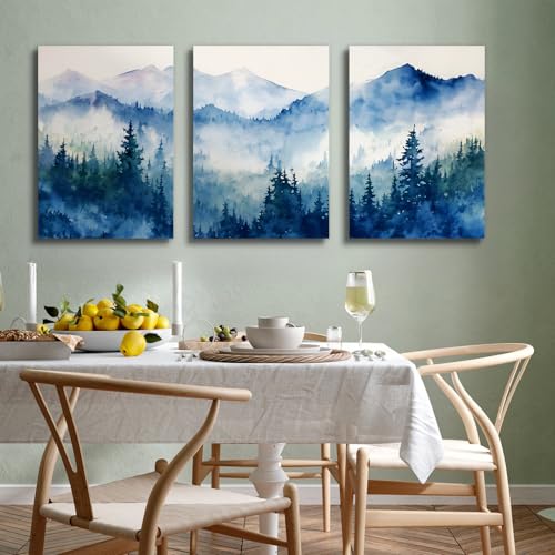 SERIMINO Nature Landscape Canvas Wall Art for Living Room, Forest Mountain Canvas Prints Paintings, Blue Modern Farmhouse Wall Decor for Bedroom Bathroom Set of 3, 20"X28"