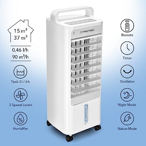 TROTEC Aircooler PAE 12 Refroidisseur d'air 3 en 1 climatiseur mobile ventilateur humidificateur 3 vitesses de ventilation réservoir de 3 l refroidissement par évaporation filtre à air – Image 3