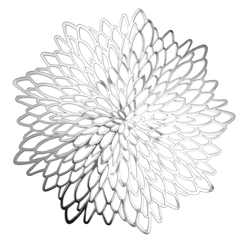 Set of 4 Round Placemats Silver, Heat-Resistant PVC Table Mats with Luxury Metallic Glossy Finish for Thanksgiving Christmas Wedding Party Decor, Easy to Clean