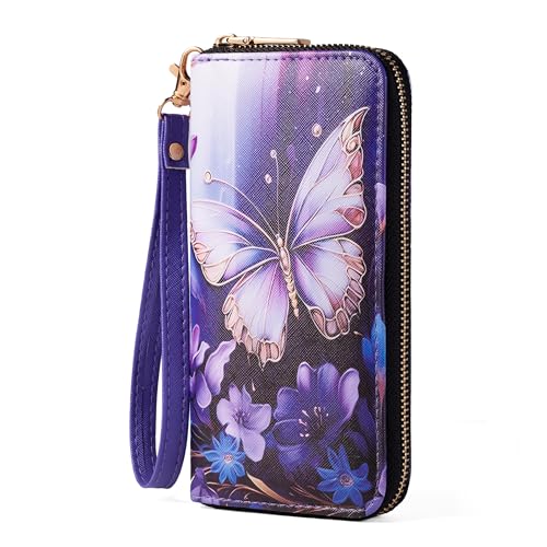 Image of Checkered Cow Print Wallet For Women Skull Goth Frog Butterfly Turtle Ladies Cluth Wristlet Wrist Strap Long Purse Zip Around Card Holder