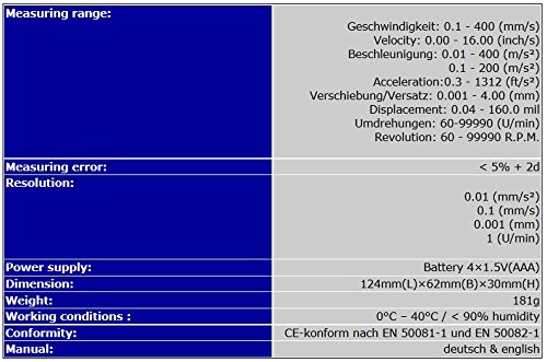 Vibrationsmessgerät Schwingungsmesser Beschleunigung Verschiebung Umdrehungszahl Geschwindigkeit VM3