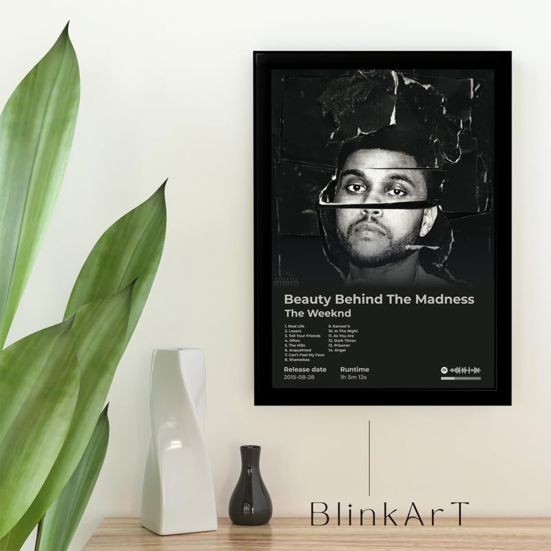 Image of BLINKART The Weekend - Beauty Behind The Madness Wall Photo Frames | Wall Art for Bedroom, Living Room, Studio or Office | Album Cover Print with Spotify Song Link QR Code | Gift for Fans - 8x12 In