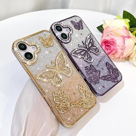 Image of VONZEE Electroplated Butterfly Case Compatible with iPhone 16 Plus, Pearlescent Diamond Sparkle Soft TPU Cover, Shockproof Drop Protection, Camera Lens Guard Stylish Phone Case for Women & Girls, Pink