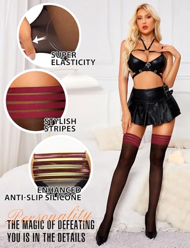 Image of RSLOVE Thigh High Stockings for Women - Stripe Top with Anti-Slip Silicone Stay Up Sheer Pantyhose for Cosplay, Date Night