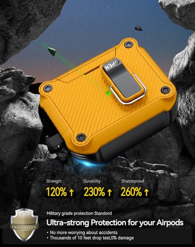 Image of Pohgelan for AirPods Pro 3 Case with Safety Lock-Yellow | Carbon Fiber Texture Cover,Magnetic Automatic Lock with Cleaning Kit&Keychain,Compatible with Magsafe