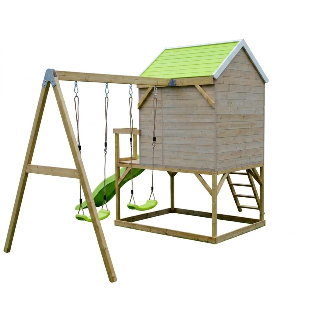 Kangui – Casa de jardín infantil exterior – Cabaña de madera con plataforma, tobogán y doble columpio – Techo impermeable – Verde y blanco
