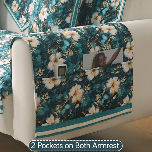 Image of HOKIPO 'Florentina Series' Premium Holland Velvet Sofa Arm Cover with Foam Filling & Anti Slip Backing | 2 Pcs | Pansies Teal (IN-876-V5*2S)