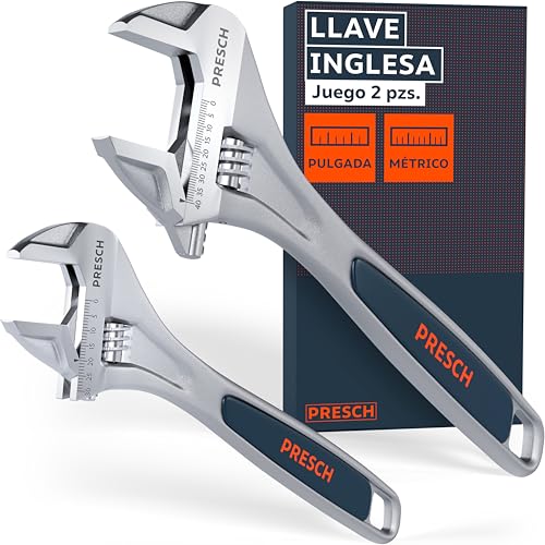 PRESCH Set de llaves ajustables - 200mm y 300mm - Escalas grabadas con láser de 30mm y 40mm (métrica y pulgadas) - Fresado de precisión para un agarre óptimo - Llaves inglesas robustas