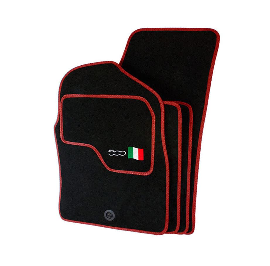 Precision - Tailored Car Mats - Intended for Fiat 500 2007-2012 with a 500 Logo - 4 Piece Set - Non-Slip Floor Mats - Black Carpet - Red Binding - Fittings Clips - SFP