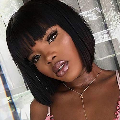 fani 10 Inch Human Hair Bob Wigs None Lace Front Wigs with Straight Flat Bangs Medium Long Real Hair Glueless Wigs for Women (Natural Black)