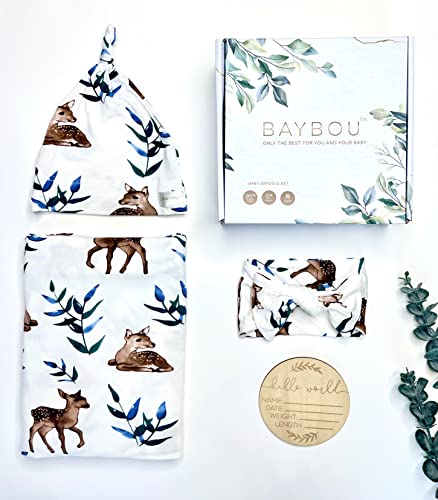 Image of Baybou Baby Swaddle Set Bamboo Receiving Blanket for Hospital Swaddle Hat Bow Wood Announcement Gift Set for New Baby Arrival 4-Piece Complete Swaddle Set (Fawn)