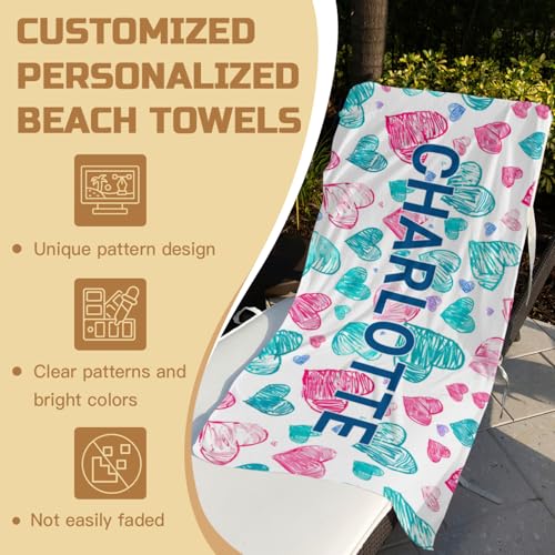 WNNNS Personalized Beach Towels for Women Men Customized Beach Towel for Kids Oversized Sand Free Soft Bath Pool Swim Towel for Adults Girls Boys Lightweight Quick Dry Custom Beach Towel with Names