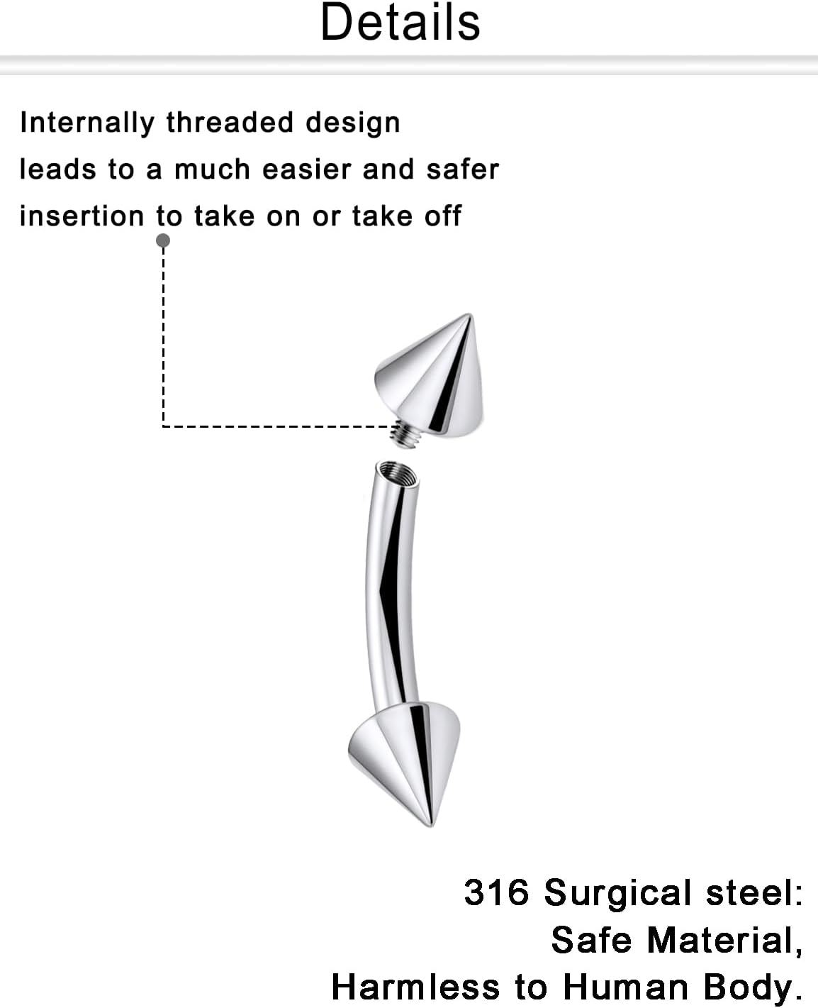 Dyknasz Eyebrow Piercing Jewelry Internally Threaded Surgical Steel Curved Barbell Tiny Eyebrow Ring Vertical Labret Lip Jewelry Ear Rook Navel Small Belly Button Rings for Women Men 16g 6mm 8mm 10mm - Image 3