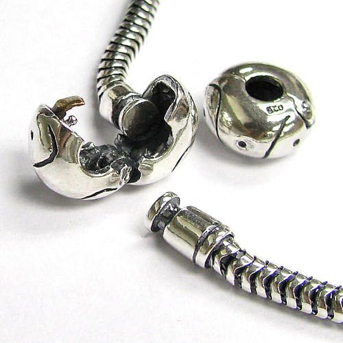 Sterling Silver 3mm Snake Bracelet with Clip Clasp and Two Clip Stoppers for European Charm