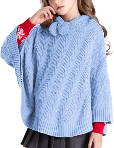 Image of BOBOYOYO Cape for Girls Hooded Cable Knit Poncho Sweaters Kids Shawl