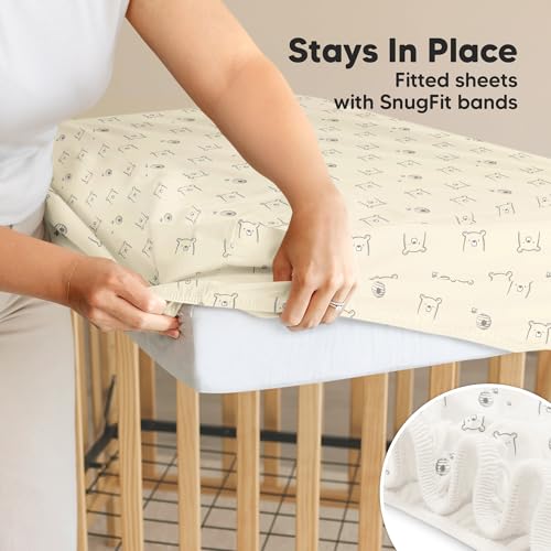 Image of 2-Pack Waterproof Crib Sheets for Boys, Girls, 52x28 Fitted (Bumble Bear) | Organic Cotton Baby Crib Sheets, Toddler Mattress Protector Cover, Washable, Soft & Durable Baby Bedding Essentials