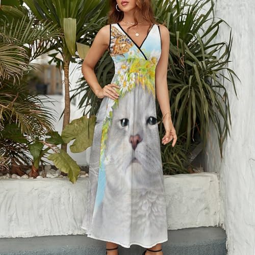 Robe d'Été sans Manches Chat Fleur Papillon Robe Maxi Col V Décontracté Chic - 2