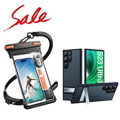 TORRAS Icecube IPX8 Waterproof Phone Pouch, Underwater Screen Touchable, Black 8.0'' & MarsClimber for Samsung Galaxy S23 Ultra Case with Stand Translucent Matte Black Case
