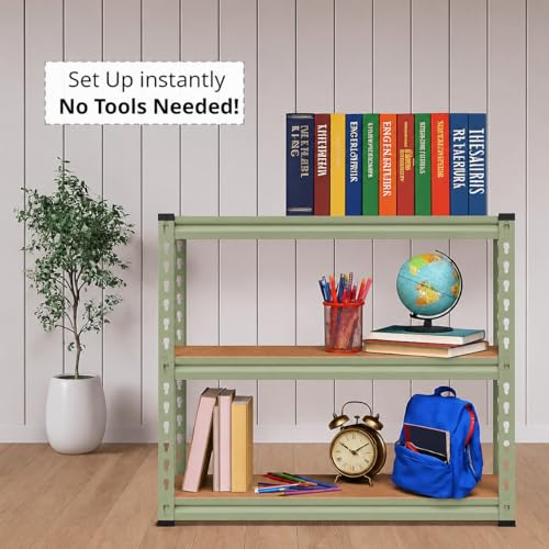 Image of BonKaso Adjustable 3-Shelf Metal Storage Shelving Unit, Steel Bootless Rivet Utility Display Rack Garage Shelves,27 Inches Height(27 X 24 X 12 Inc) Olive Green