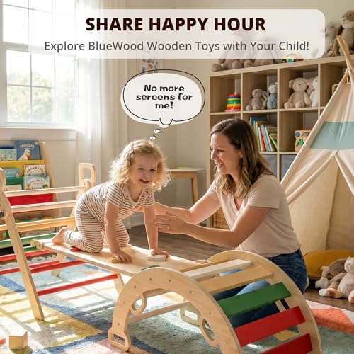 Image of BlueWood Pikler Triangle Set, Toddler Wooden Climbing Toys Indoor 7in1 Foldable Climber for Kids, Montessori Philosophy Play Jungle Gym with Arch, Ramp, Ladder (Warm Winter Christmas)