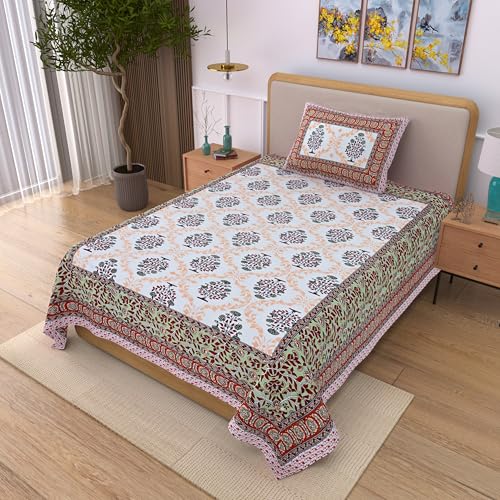 Image of 100% Cotton Single Bedsheet with 1 Pillow Cover | 240 TC Pure Cotton Flat Bed Sheet | Traditional Jaipuri Printed Bedding Set | Soft & Breathable | 60 x 90 Inch (Rangmahal Single 41)