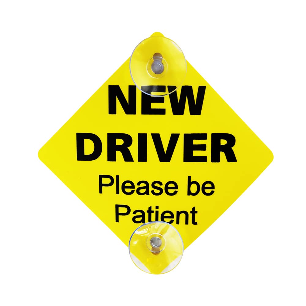 Rubik New Driver Car Sign Please Be Patient Car Window Cling PVC Caution Signs Borderless with 2 Suction Cups for Students Beginners Car SUV Van Drivers (Vivid Yellow 12.5 x 12.5 cm)