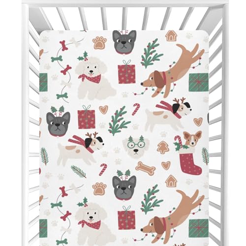 Image of CaTaKu Crib Sheets for Boys Girls Funny Christmas Dogs Baby Fitted Sheets for Mini Crib, Soft Toddler Bed Mattress Playard Sheet,27 inchx 39 inch