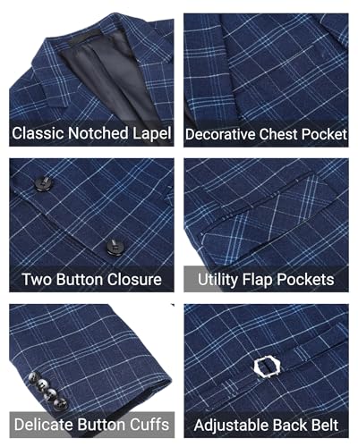 Cloudstyle Mens 3 Piece Slim fit Checked Suit Blue/Black Single Breasted Vintage Suits4