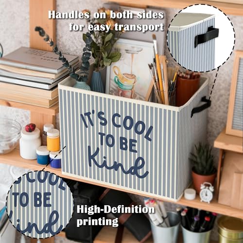 Image of Inspirational Kids Nursery Storage Bins Box with Handles, It's Cool to Be Kind Blue Striped Collapsible Basket Organizer for Kids Boys Room Bedroom Playroom Bathroom Books Clothes