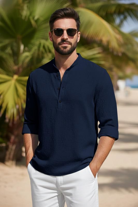 Image of Men's Cotton Blend Short Kurta with Collared Neck Full Sleeves Solid Pattern Western Style Regular Fit and Standard Length