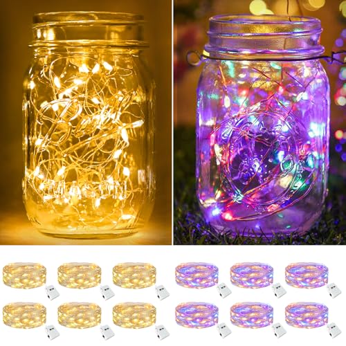 Image of btfarm 12 Pack Fairy Lights Battery Operated [3 Modes], 7ft 20 Led Twinkle String Lights Waterproof Bulk Small Mini Sliver Wire for Christmas Mason Jars Wedding Table Centerpiece, Warm White /Colorful