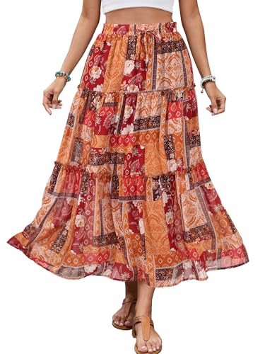 Gardenwed Womens Midi Casual Skirt High Waisted Pleated Flowy A Line Elastic Swing Skirts with Side Slit