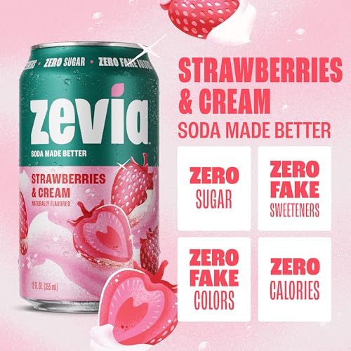 Image of Zevia Zero Sugar Soda, Strawberries and Cream, 12 oz Cans (24-Pack) - Caffeine Free, Naturally Sweetened, No Calorie Soda - Non-GMO Project Verified, Gluten-Free, Vegan