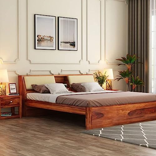 Image of STRATA FURNITURE Sheesham Wood Queen Size Double Bed Without Storage | Wooden Palang Cot for Bedroom Living Room Furniture (Honey Finish)
