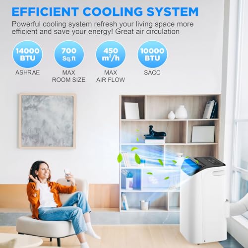 14000 btu portable air conditioners with remote control 3-in-1 free standing cooling ac unit with fan amp dehumidifier cools room up to 700 sqft smartsleep mode3 speedauto swing24h timer