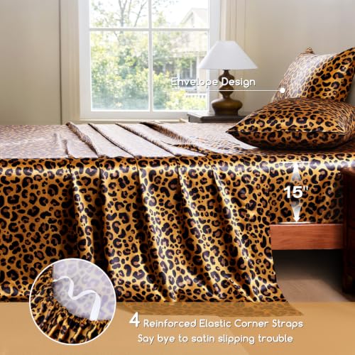 Image of MR&HM Satin Bed Sheets with Elastic Corner Straps, Queen Size Sheets Set, 4 Pcs Silky Bedding Set with 15 Inches Deep Pocket for Mattress (Queen, Gold Leopard)